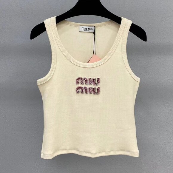 Miu Miu Cream Tank Top with Pink Embellishments - Picture 1 of 7